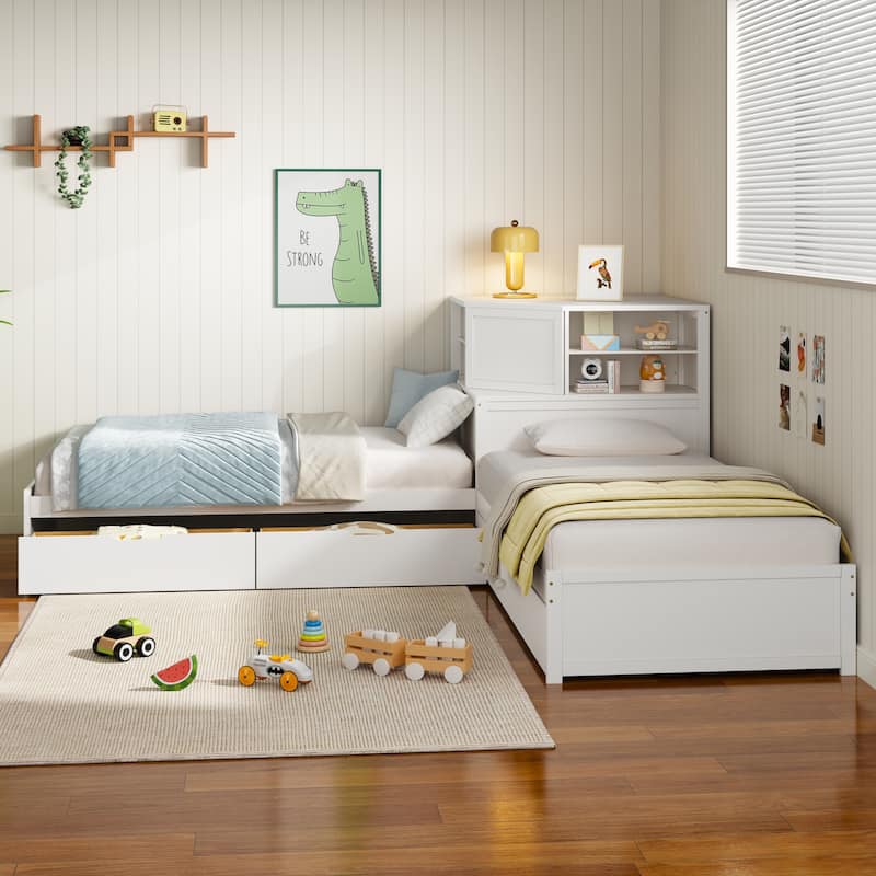 L-Shaped Triple Twin Bed with Built-In Desk, Drawers and Storage Space by Harper&Bright Designs