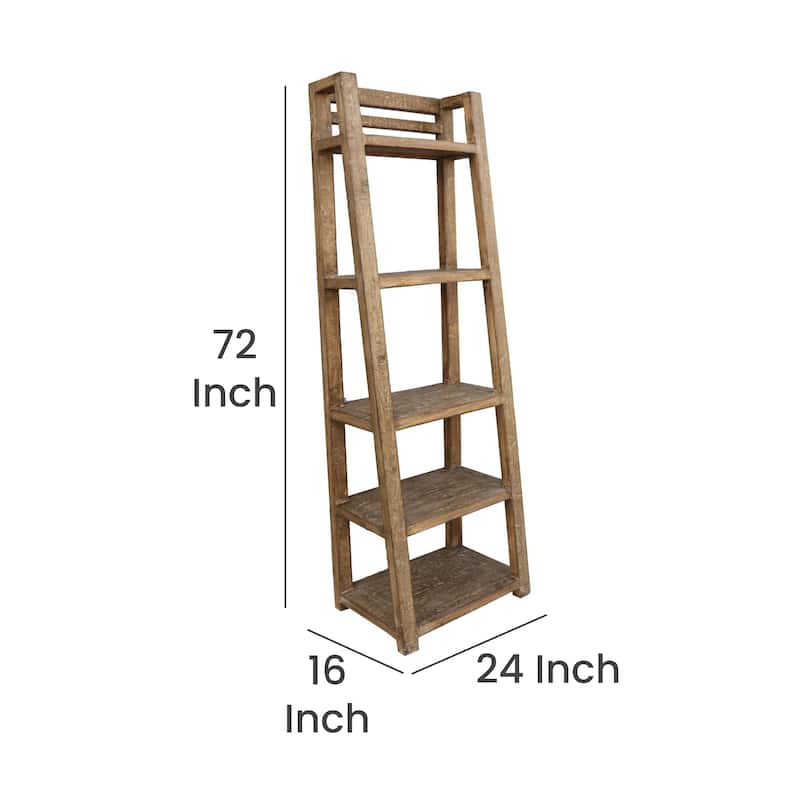 Bookcase, 5 Tier Ladder Shelves, Rustic Natural Brown Wood, 72 Inch