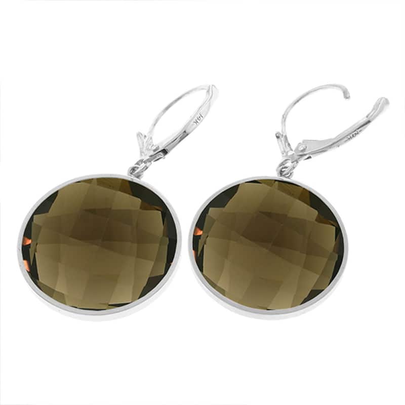 14K Solid Gold Leverback Gemstone Earrings Round Smoky Quartz