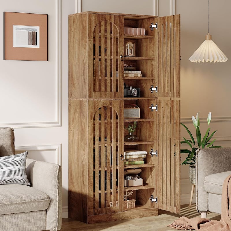 70.8 Inch Tall Bookcase with 4 Slatted Doors, 9-Tier Farmhouse Bookshelf with Storage Shelves
