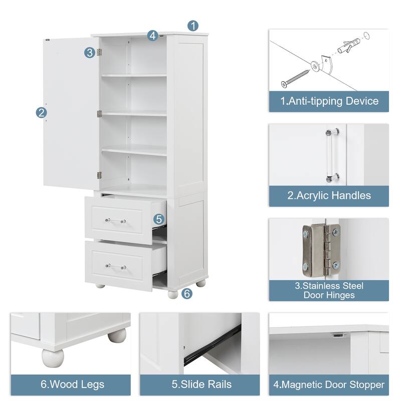Freestanding Cabinet with 1 Door and 2 Drawers, Tall Bathroom Storage Cabinet, Wooden Pantry with Adjustable Shelf