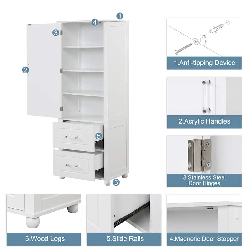 Freestanding Wood Bathroom Cabinet with Doors, 2 Storage Drawers