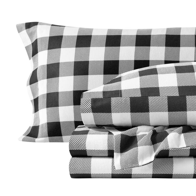 Bare Home Cotton Flannel Sheet Set - Velvety Soft Heavyweight - Full - Buffalo Plaid - White/Black