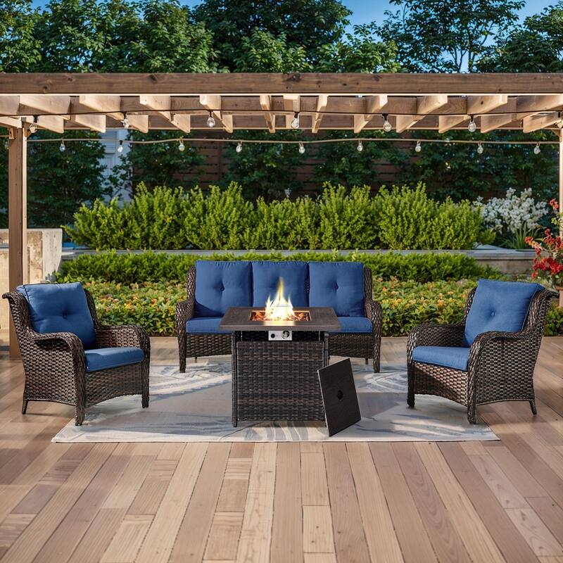 Gymojoy 4-Piece Outdoor Wicker Patio Furniture with Fire Pit Table, Rattan Coversation Set with Water Resistant Thick Cushions - Brown Wicker / Blue Cusion - 4-Piece
