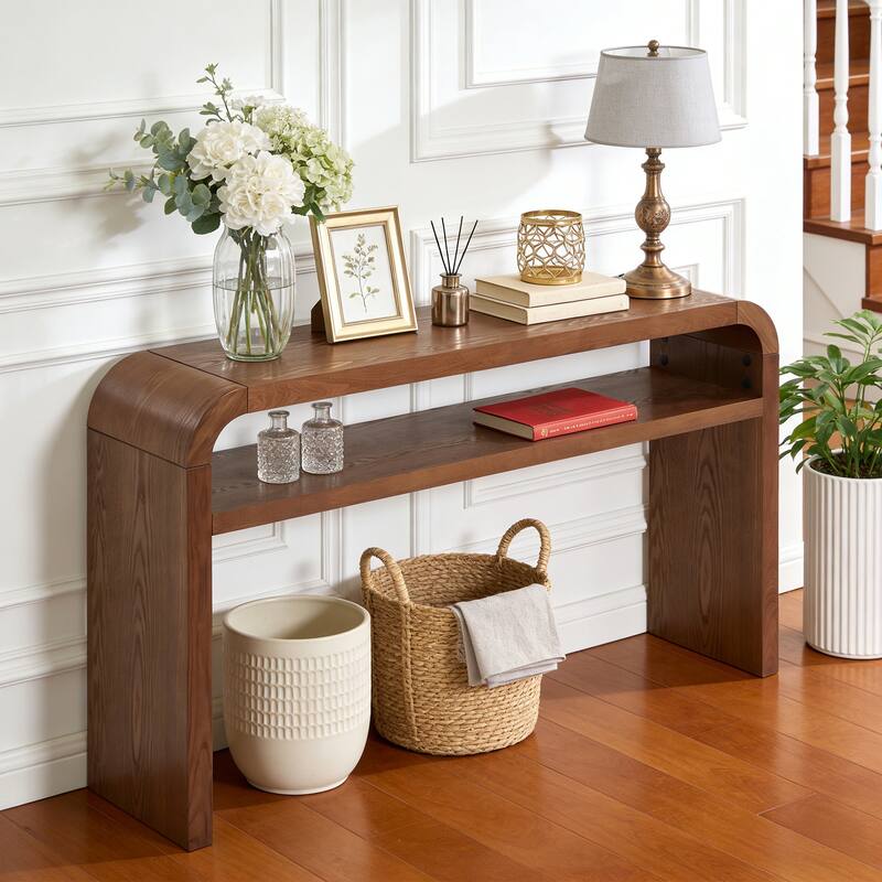 59.4" 2-Tier Curved Long Console Table with Solid Oak Wood Veneer - 59.45"L x 13.78"W x 32.87"H