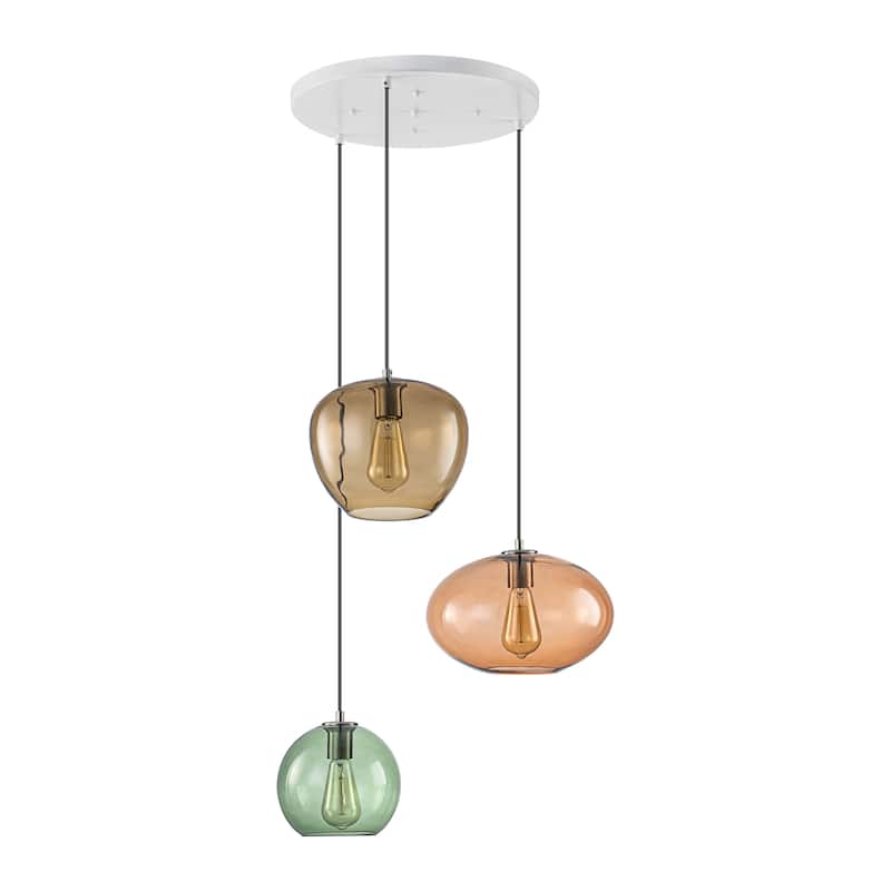 3-Light Modern Vintage Cluster White Pendant Light with Colored Glass Globe Shades - 23.62 in. W x 23.62 in. D