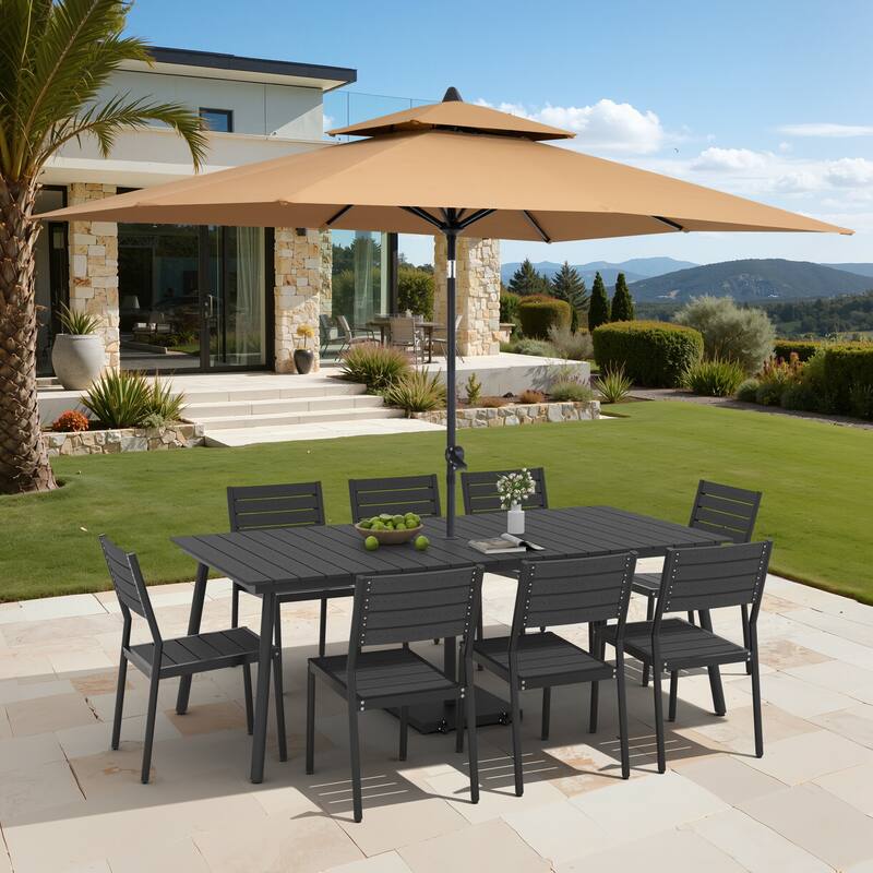 11-Piece Outdoor Dining Set Aluminum Table and 8 Stackable Chairs w/ 10 ft Umbrella and Base Stand - Black Table with Tan Umbrella