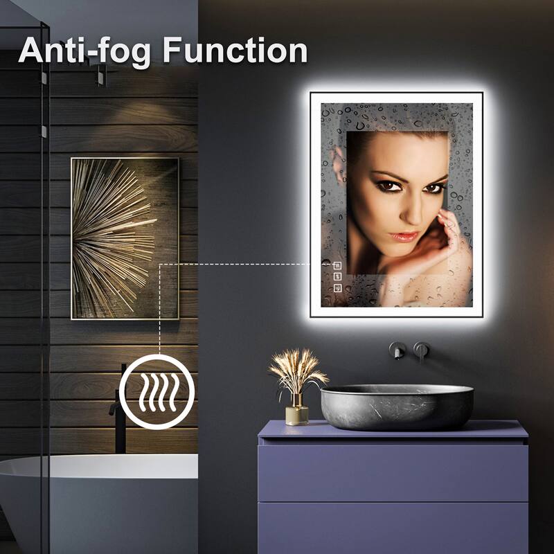 TOOLKISS Black Frame Anti-Fog Dimmable LED Light Vanity Bathroom Mirror with Backlit and Front Light