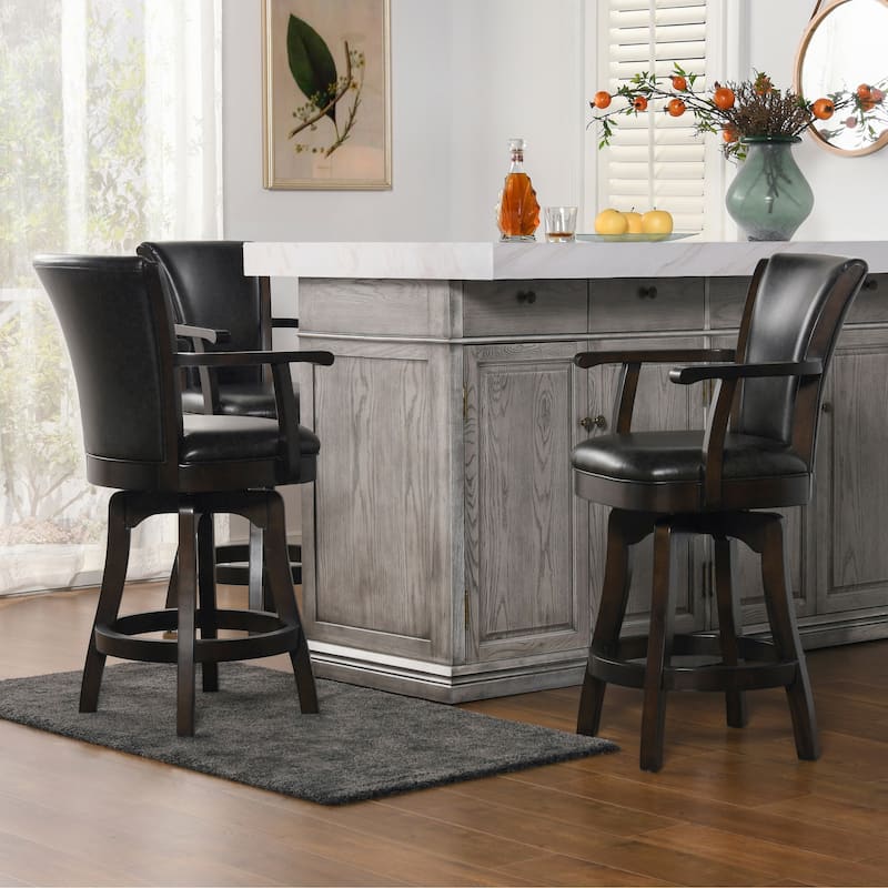 Williams Swivel Upholstered Bar Stool - Counter or Bar Height - 27 or 31 Inch - Solid Oak Wood Frame - Minimal Assembly - Set of 3 - Vintage Black Brown Faux Leather - Counter Height