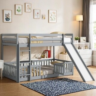 Solid Pine Wood Bunk Bed, Convertible Ladder and Slide, Twin Over Twin