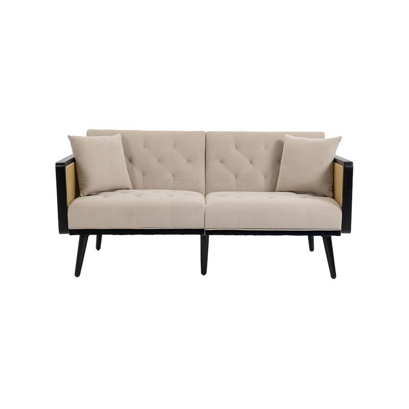 Loveseat w/ Rattan Handrail Convertible Futon Sofa Bed, Beige Bed