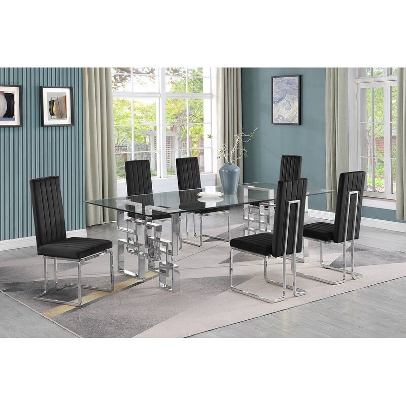 Best Quality Furniture Big Glass Dining Sets - 7pcs - Chrome - Black 