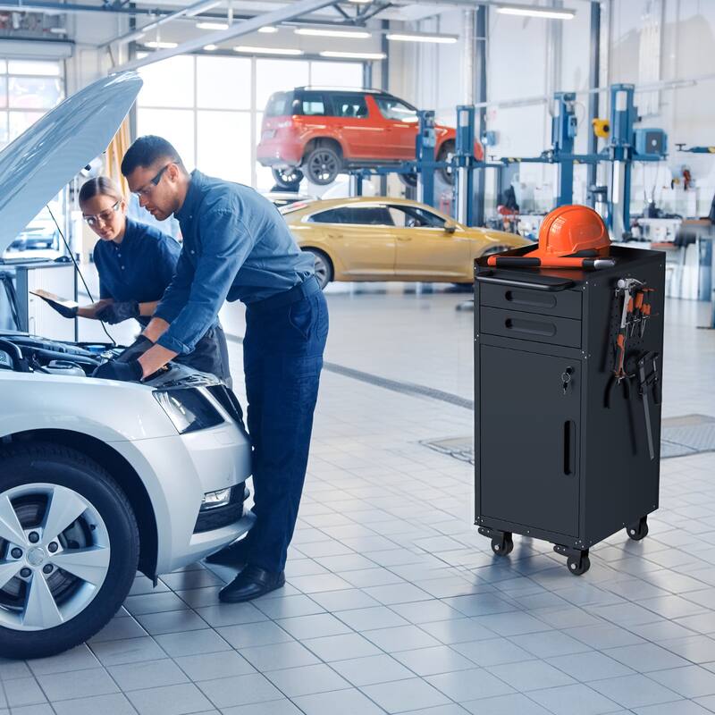 34.3" Narrow Rolling Tool Cabinet - Space-Saving Garage Storage with Lockable Door, 2 Drawers and Large Handle