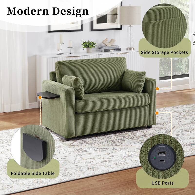 Twin Size Sofa Bed Sleeper Sofa with a Foldable Mattress, a Foldable Side Table, a Side Storage Pocket and Two USB Ports