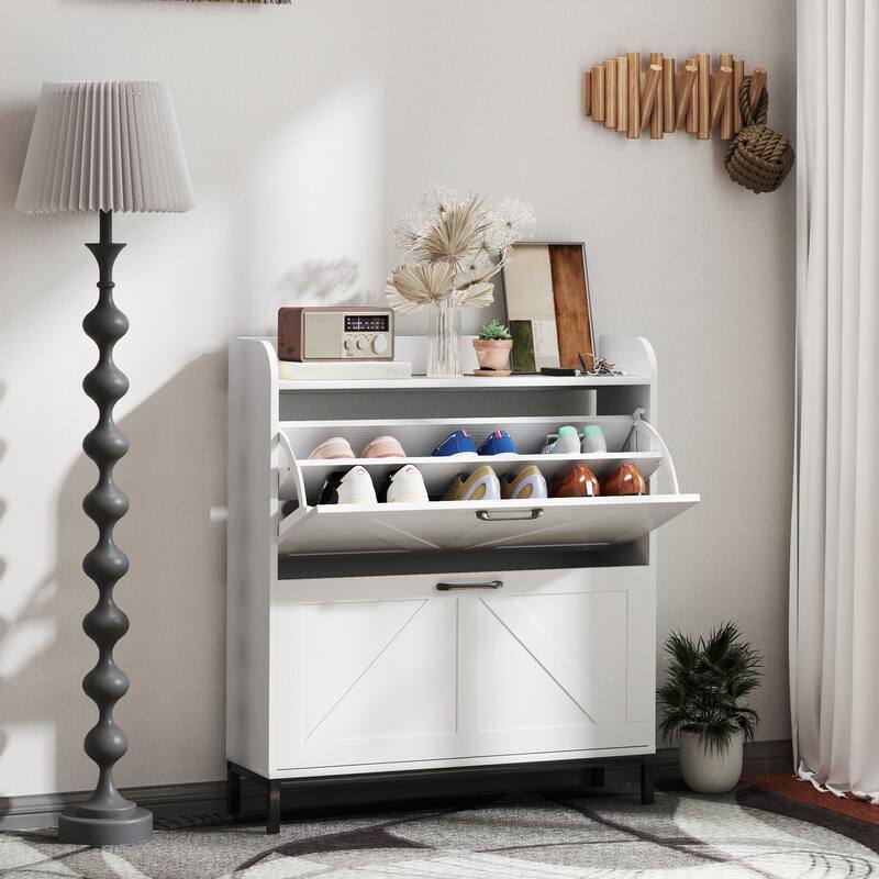 12-Pair Space-Saving Shoe Storage Cabinet with Adjustable Dividers and Flip Drawers Anti-Tip - 29.5" W x 9.4" D x 37" H
