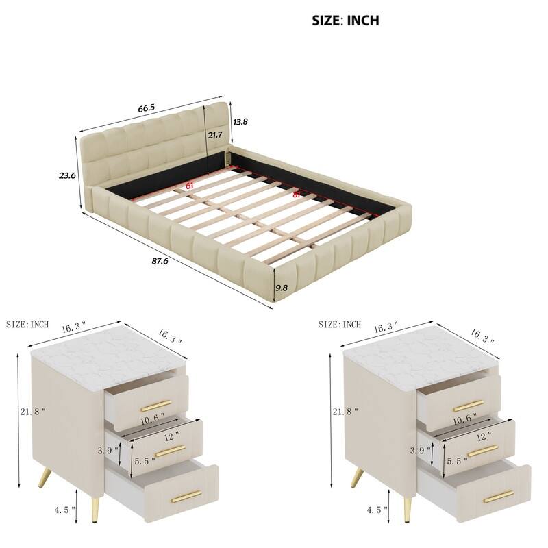 3-Pieces Bedroom Sets, Queen Size Upholstered Platform Bed with Thick Fabric ,and Two Nightstands with Metal Legs&Handles