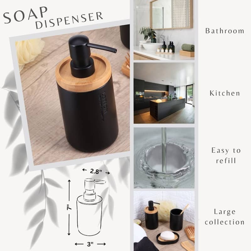 Elegant Soap Dispenser - Polyresin and Bamboo Design, Refillable Liquid Pump - 3 L x 3 W X 7 h