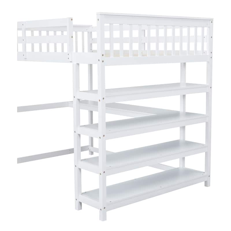 Full Size Loft Bed with Built-in Desk and Storage Shelves, White