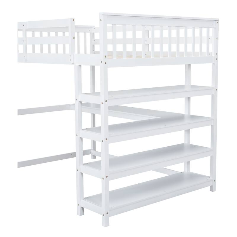 Twin/Full Size Loft Bed with Storage Shelves and Built In Desk, Solid Pinewood High Loftbed Frame with Ladder and Guardrail