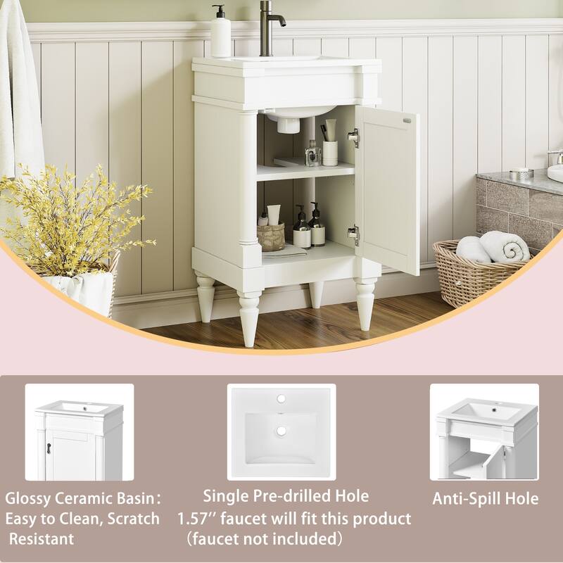 Retro Compact Bathroom Vanity Cabinet Simple Freestanding Single Sink Cabinet with Adjustable Shelf and Black Metal Pull