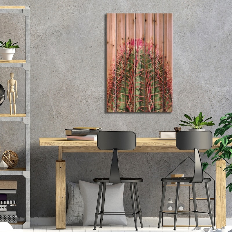 Cactus On Pink Print On Wood by Emanuela Carratoni - Multi-Color
