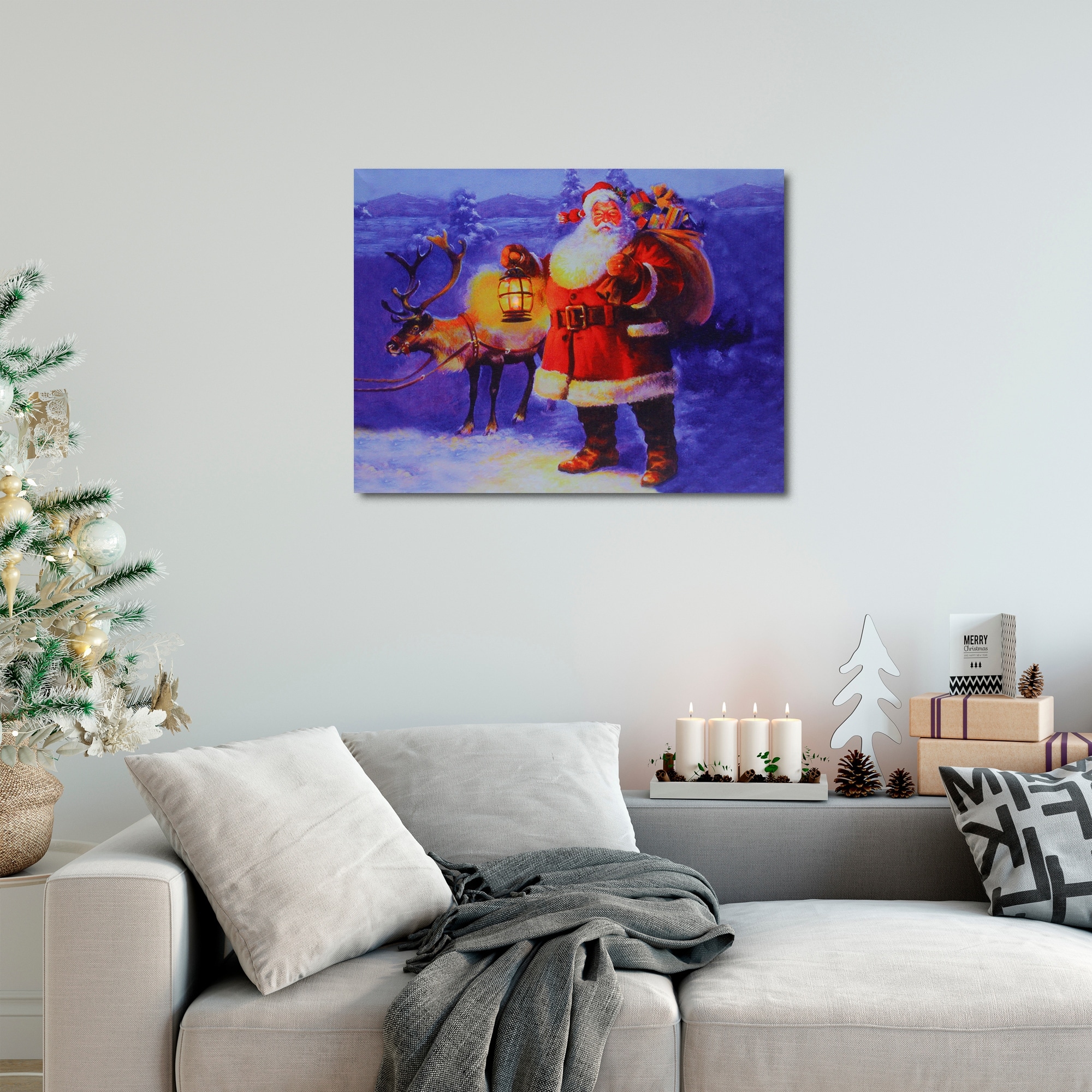 LED Santa Claus w/ Reindeer Christmas Canvas Wall Art 11.75" x 15.75"