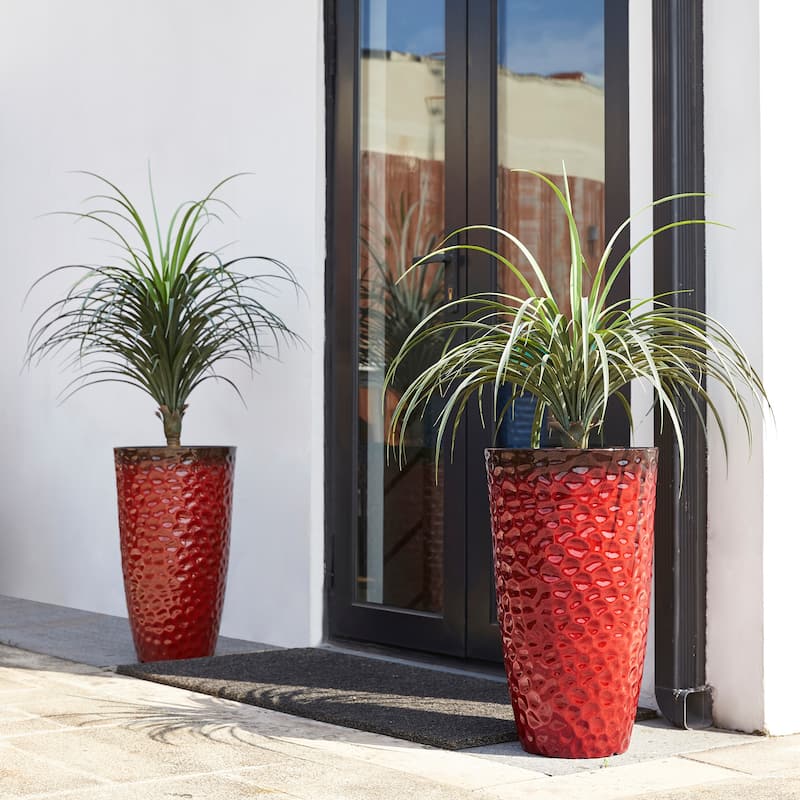 Glitzhome 23.75"H Set of 2 Oversized Eco-Friendly PP and Stone Honeycomb Textured Blue/Green/Red Tall Plastic Planter