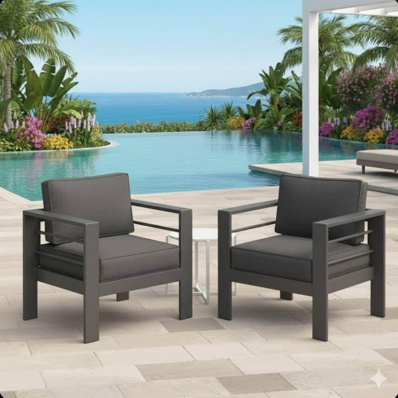 Set of 2 28" Metal Patio Armchairs with Thick Gray Cushions Gray Frame