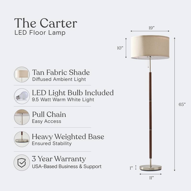 Brightech Carter 65 in. Walnut Brown Mid-Century Modern LED Super Bright Floor Lamp with Beige Fabric Drum Shade