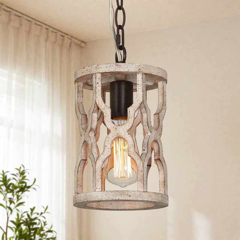 Farmhouse 1-Light Rustic Wood Pendant Light for Kitchen Island Dining Room - 6'' L x 6'' W x 11'' H