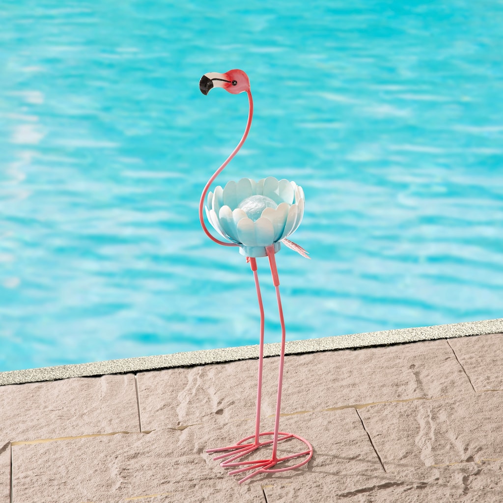  Glitzhome 26.25"H Standing Flamingo Solar Lighting Metal Statue for Outside Patio Lawn Balcony Backyard Decorations