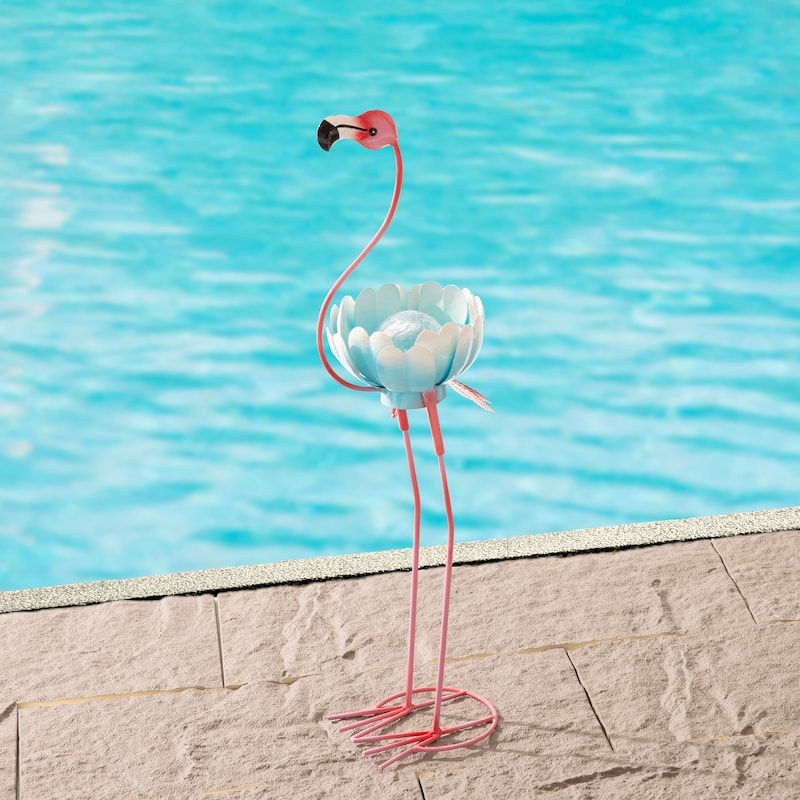 Glitzhome 26.25"H Metal Solar Lighting Standing Flamingo Garden Statue