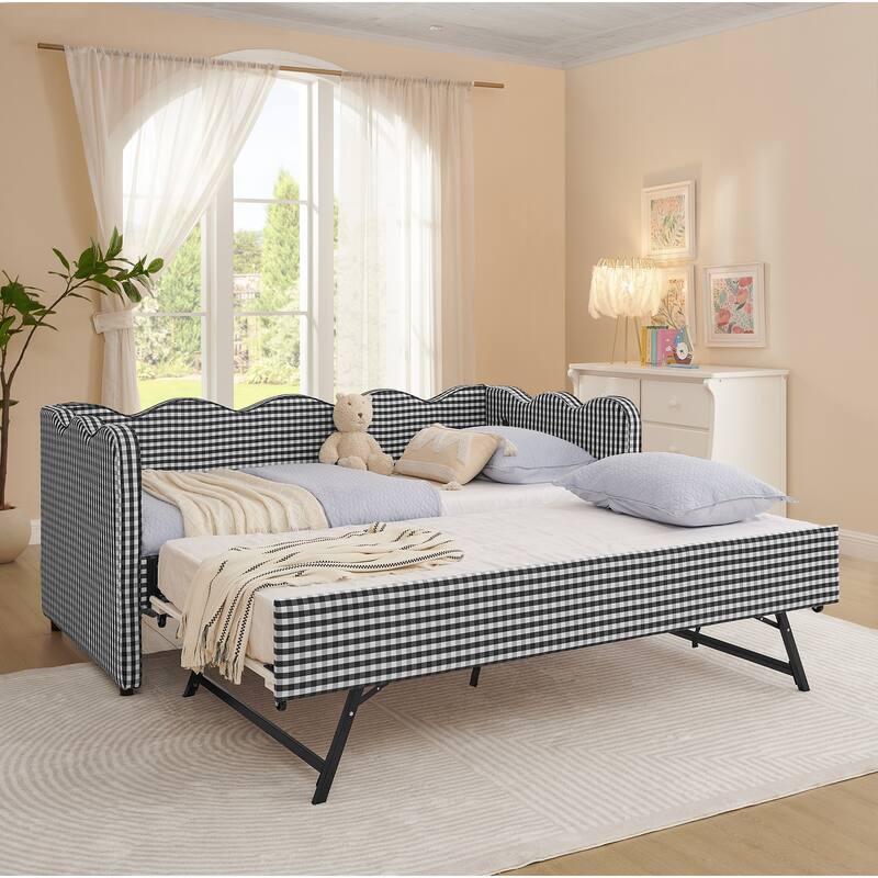 Linen Fabric Gingham Daybed with Trundle, Twin Size Sofa Bed with USB Port and Adorable Wave Shaped Headboard