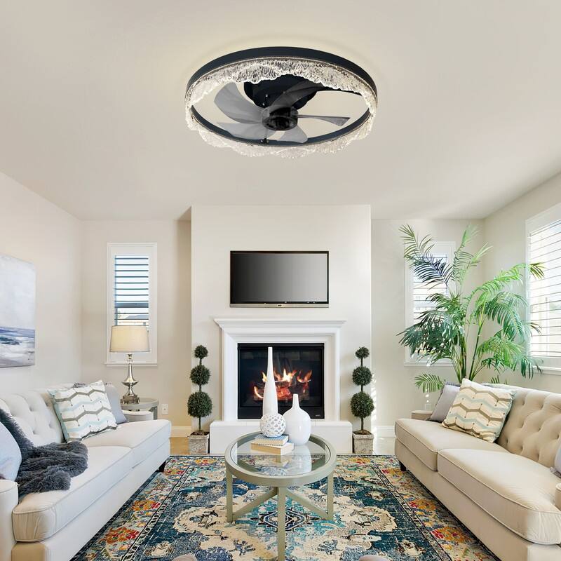 Crystal Flush Mount Ceiling Fan With Light And Remote, Black Ceiling Fan For Bedroom, Living Room