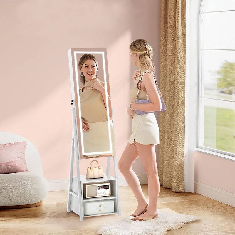 VECELO White 4 Piece Bedroom Set Upholstered Height-Adjustable Bed Nightstand Standing Jewelry Cabinet