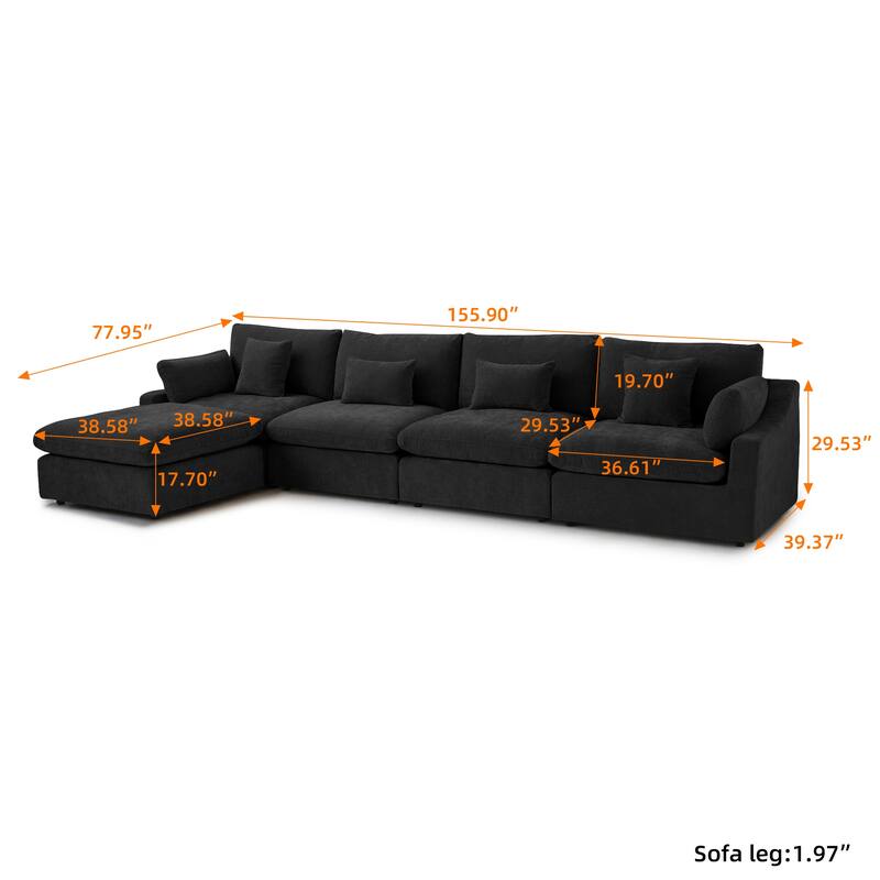 155.9" L-shaped Modern Linen Sectional Modular Sofa 4-Seater Down Filled Cloud Couch with Ottoman