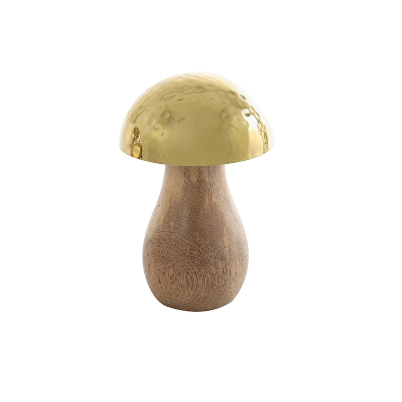 Gold or Silver Stainless Steel Handmade Hammered Mushroom Sculpture with Brown Mango Wood Bases (Set of 3)