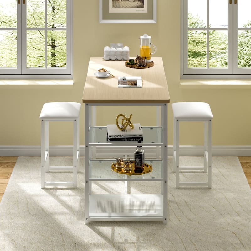 Javlergo 3-Piece Dining Table Set with 2 Backless PU Padded Chairs Space Saving Design Pub Set White/Oak & Black/Marble Options - White