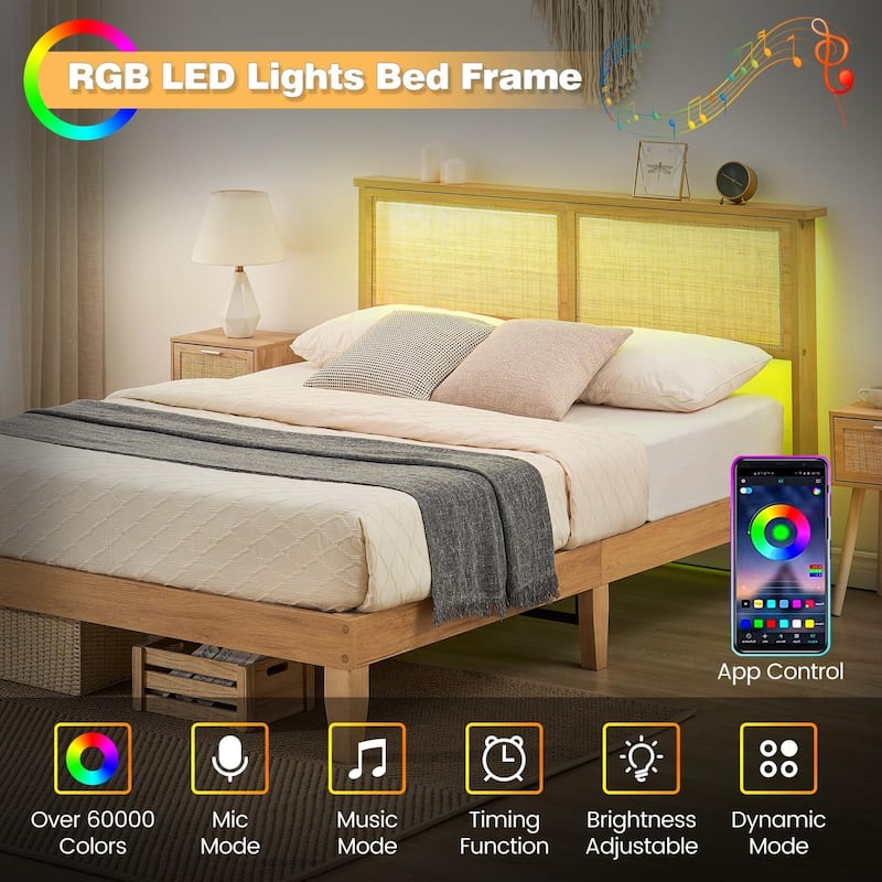 Bed Frame with Natural Rattan