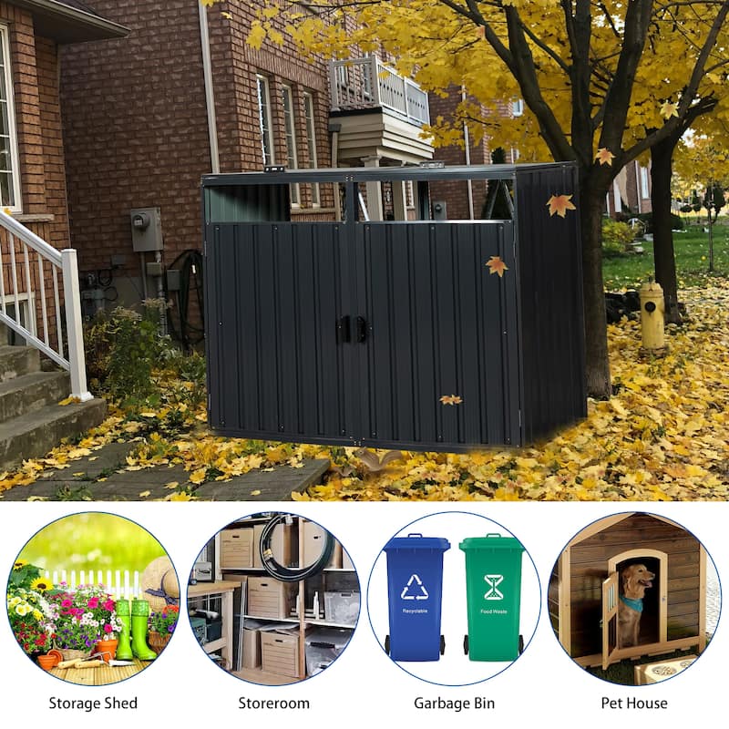 Garbage Bin Shed Stores 2 Trash Cans Metal Outdoor Bin Shed for Garbage Storage,Stainless Galvanized Steel