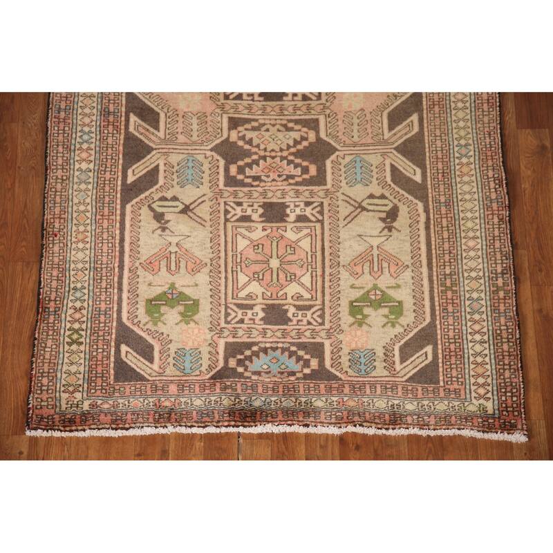 Animals Tribal Ardebil Persian Vintage Runner Rug Handmade Wool Carpet - 4'0"x 10'2"