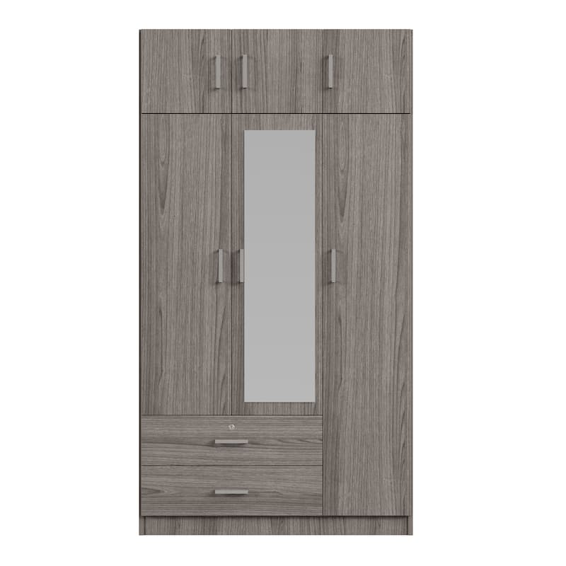 Mirror Armoires 3-door Wardrobe Clothes Storage Cabinet with 2 Drawers and Hanging Rail for Rental Housing Bedroom, Gray
