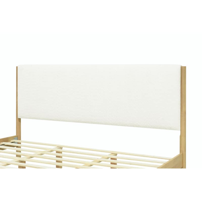 Modern White Bouclé Upholstered Bed with Rubberwood Legs