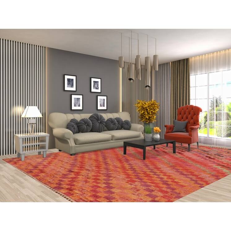 Coral Checkered Moroccan Area Rug Hand-Knotted Wool Carpet - 8'11" x 12'7"