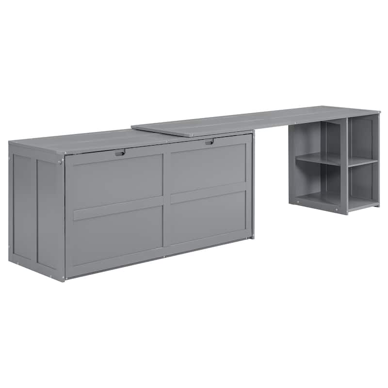 Grey Queen Murphy Bed with Rotating Desk and Shelves - Pine Wood and MDF Space-Saving Design
