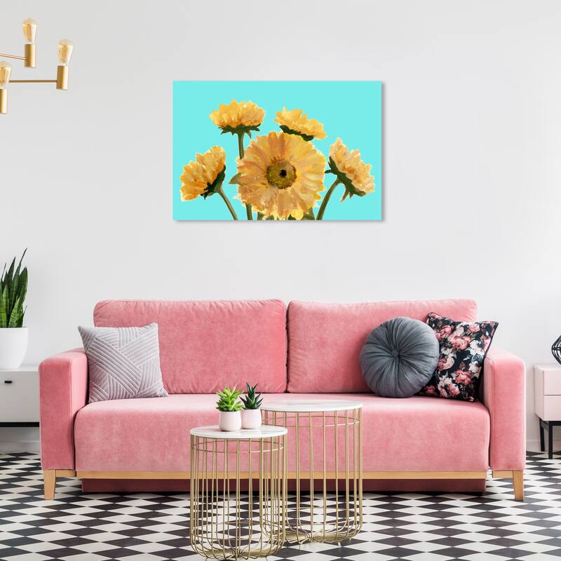 Wynwood Studio Canvas Floral and Botanical Sunflower Fields AQUA Blue and Dark Yellow Rustic Wall Art Canvas Print - 24 x 36