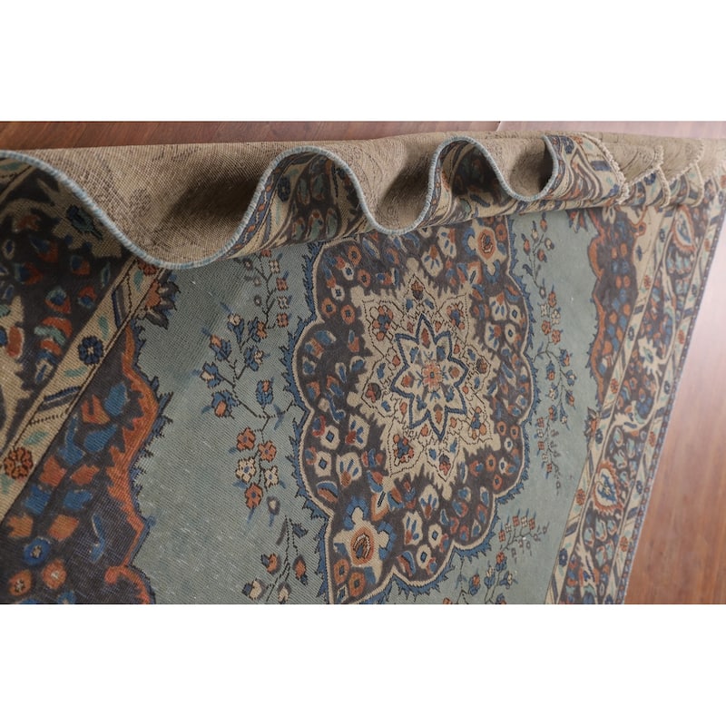 Over-Dyed Blue Tabriz Persian Vintage Rug Hand-Knotted Wool Carpet - 6'2"x 9'5"