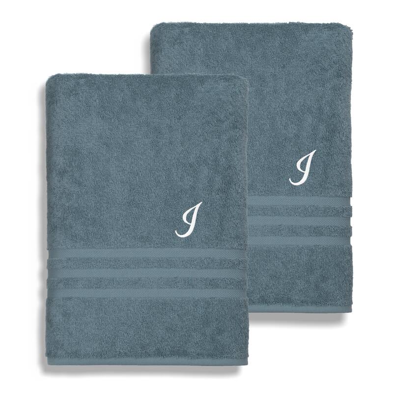 Authentic Hotel and Spa Omni Turkish Cotton Terry Set of 2 Medium Blue Bath Towels with White Script Monogrammed Initial - I