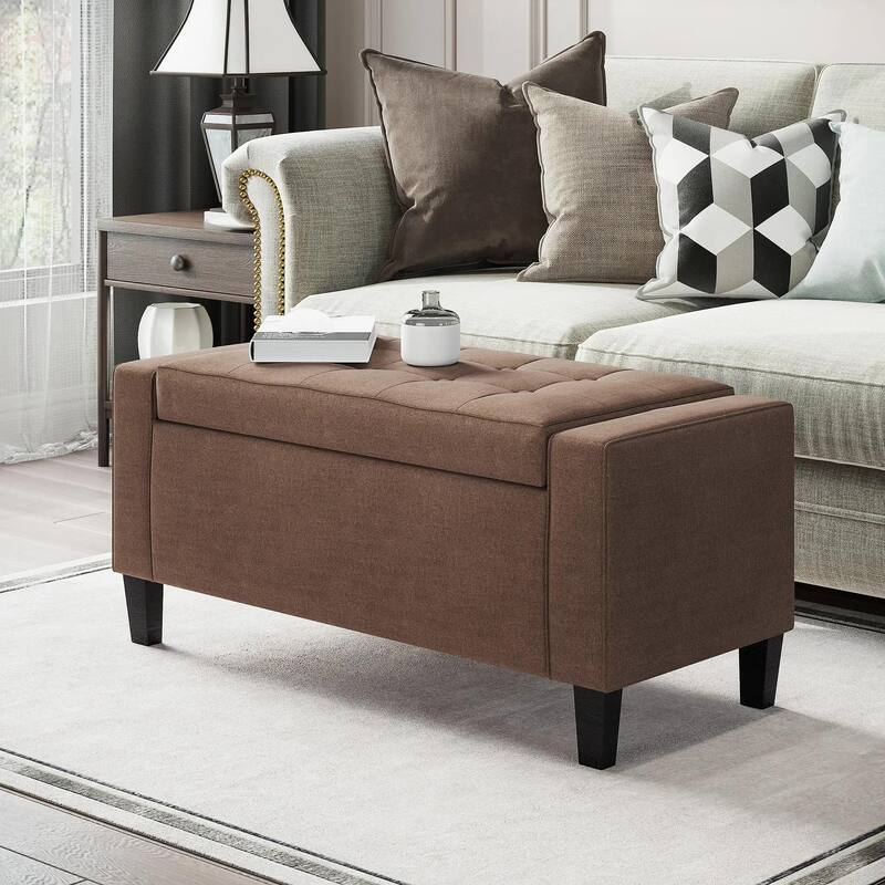 Upholstered Hidden Storage Ottoman Bench with Button Tufted, Lift Top - Brown
