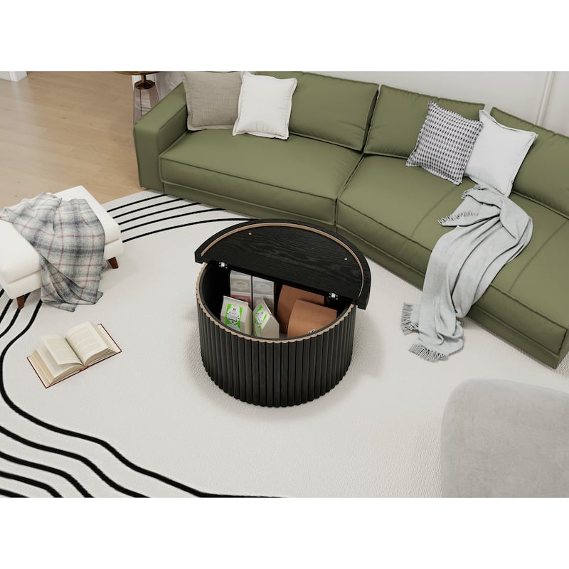Round Coffee Table with Wood Grain Vertical Stripes, Small Fluted Circle Side Table, Center Table with Adjustable Feet